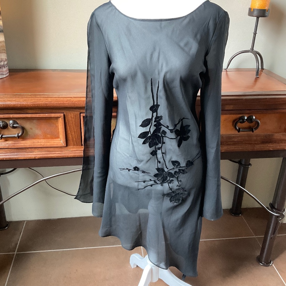 Anne Charles Asymmetrical Sheer Blouse. Black. Size L